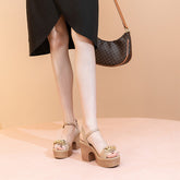 Tacones altos con suela gruesa y tiras de piel de vaca para mujer